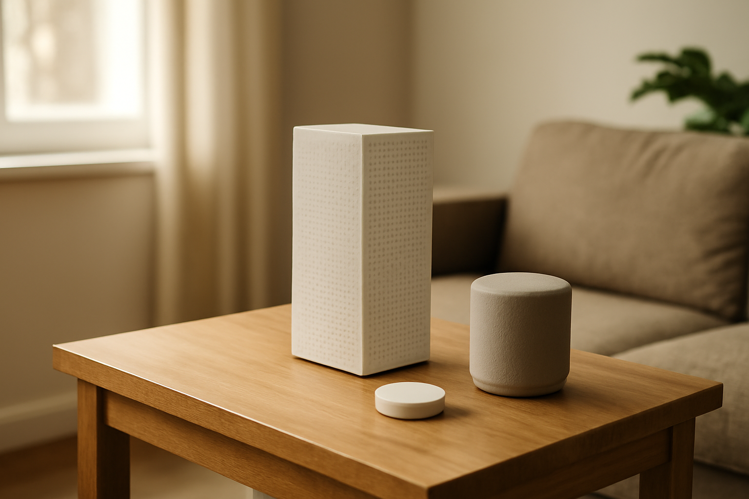 Router mesh di ruang tamu dengan perangkat smart home di sekitarnya