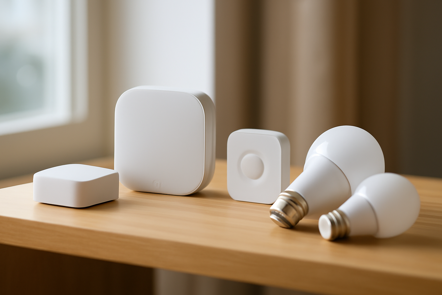 Perangkat hub Zigbee, border router Thread, dan sensor smart home di atas rak kayu
